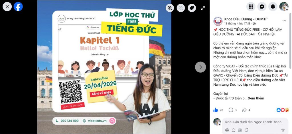 Thông tin về Khóa tiếng Đức online miễn phí do Vicat triển khai được Khoa điều dưỡng trường ĐH Kỹ thuật Y Dược Đà Nẵng đăng tải trên Fanpage chính thức